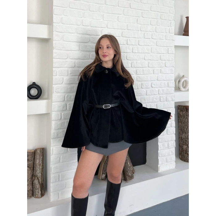 Kemer Detaylı Yarasa Kol Panço Siyah