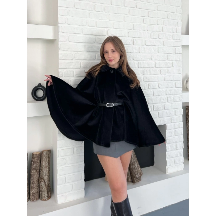 Kemer Detaylı Yarasa Kol Panço Siyah