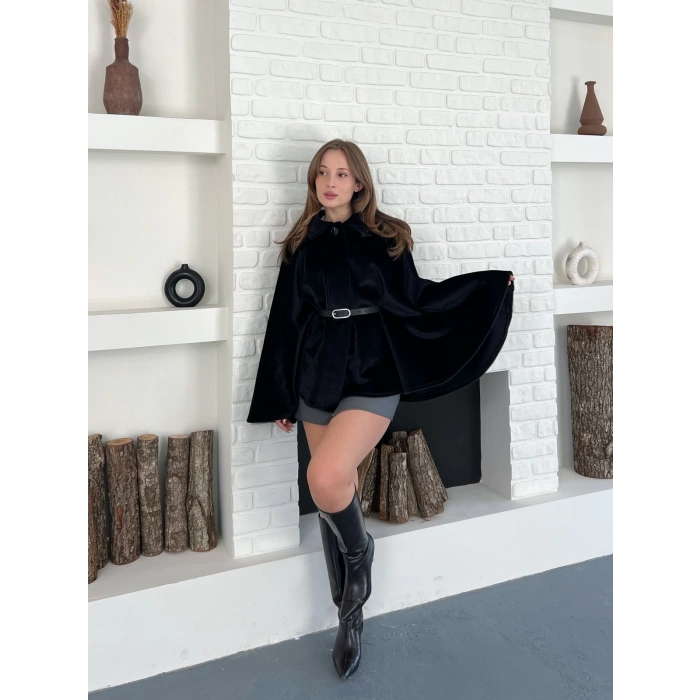 Kemer Detaylı Yarasa Kol Panço Siyah