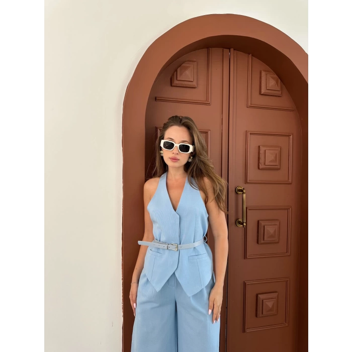 Kemer Detaylı Yelekli Takım Buz Mavi