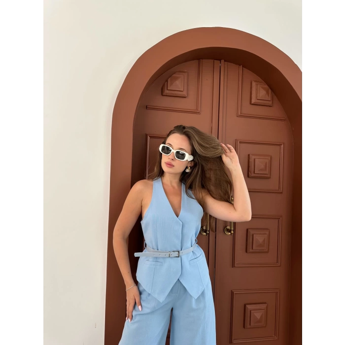 Kemer Detaylı Yelekli Takım Buz Mavi
