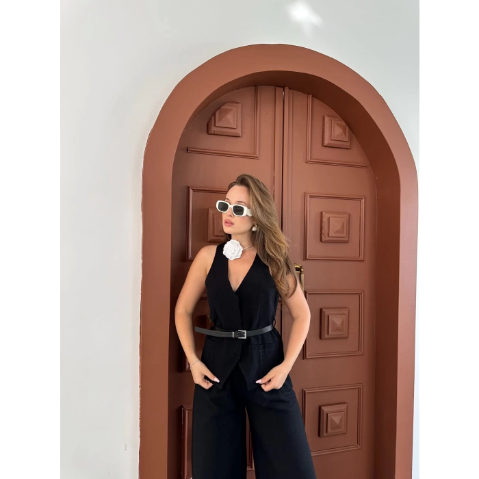 Kemer Detaylı Yelekli Takım Siyah