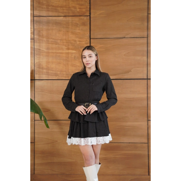 Kemerli Dantel Detay Elbise Acı Kahve