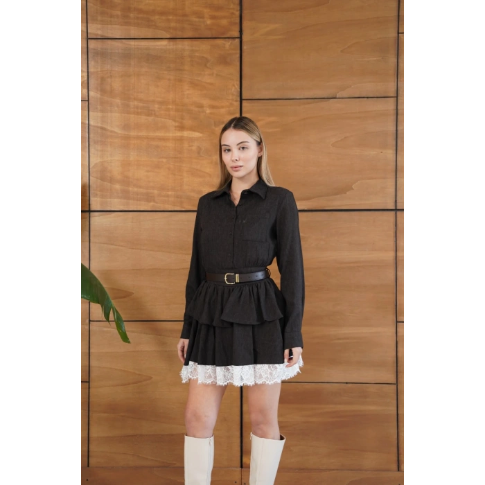 Kemerli Dantel Detay Elbise Acı Kahve