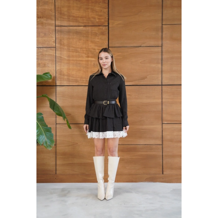 Kemerli Dantel Detay Elbise Acı Kahve