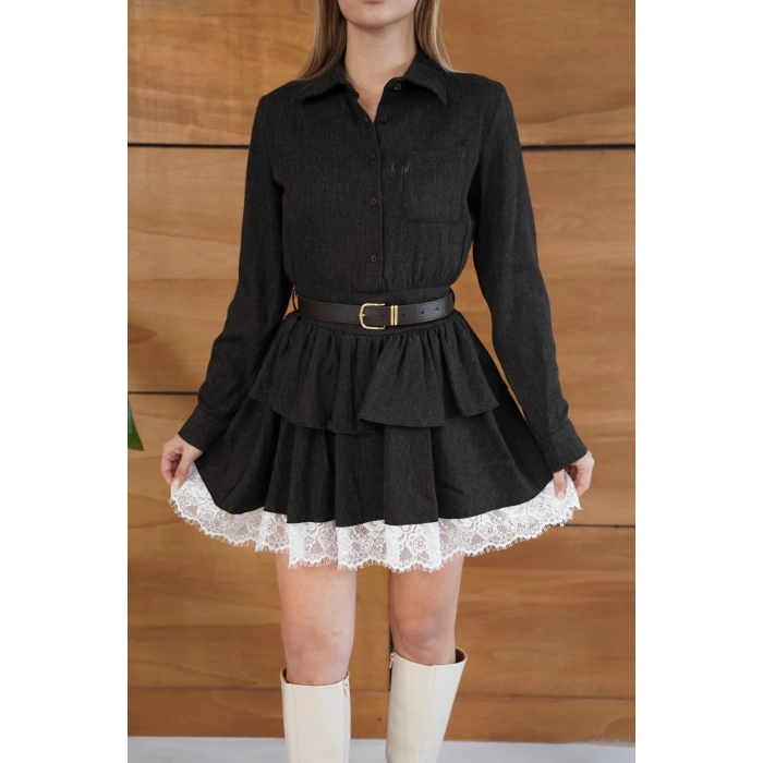 Kemerli Dantel Detay Elbise Acı Kahve