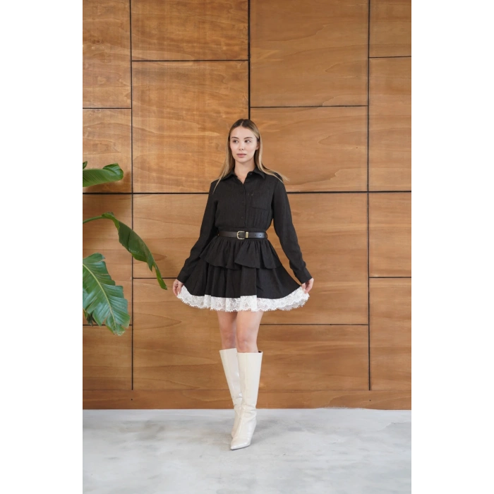 Kemerli Dantel Detay Elbise Acı Kahve