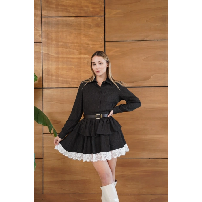 Kemerli Dantel Detay Elbise Acı Kahve