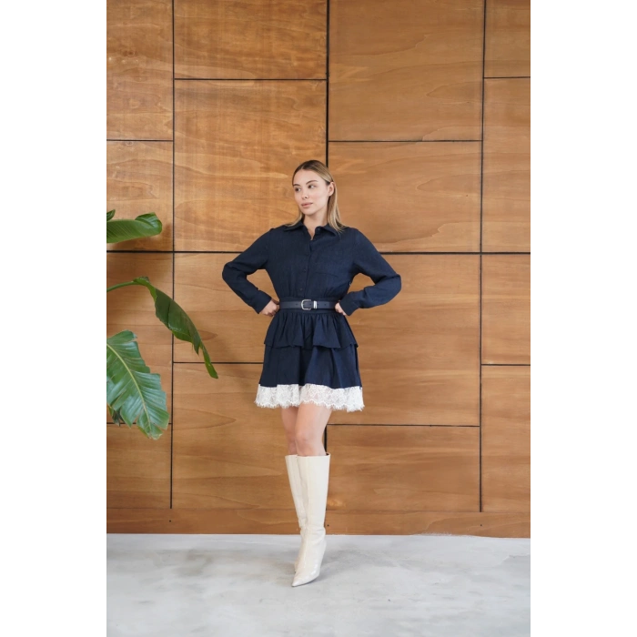 Kemerli Dantel Detay Elbise Lacivert