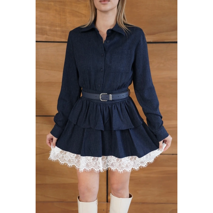 Kemerli Dantel Detay Elbise Lacivert