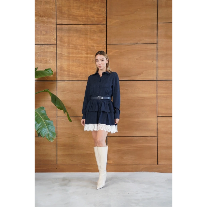 Kemerli Dantel Detay Elbise Lacivert