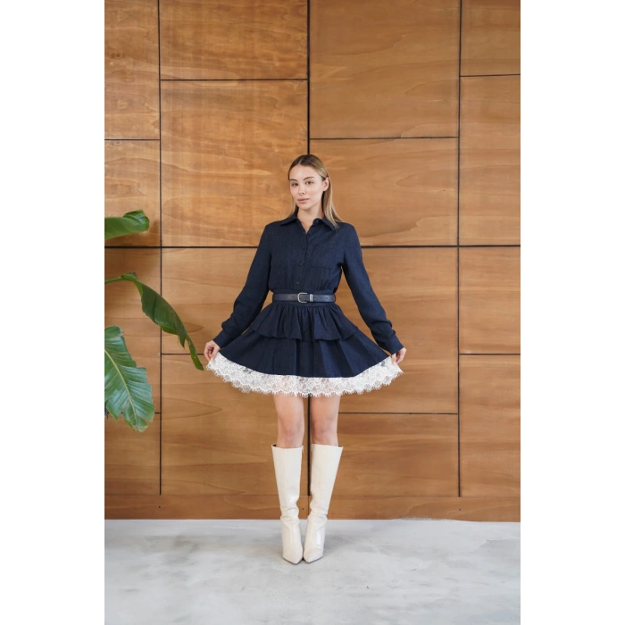 Kemerli Dantel Detay Elbise Lacivert