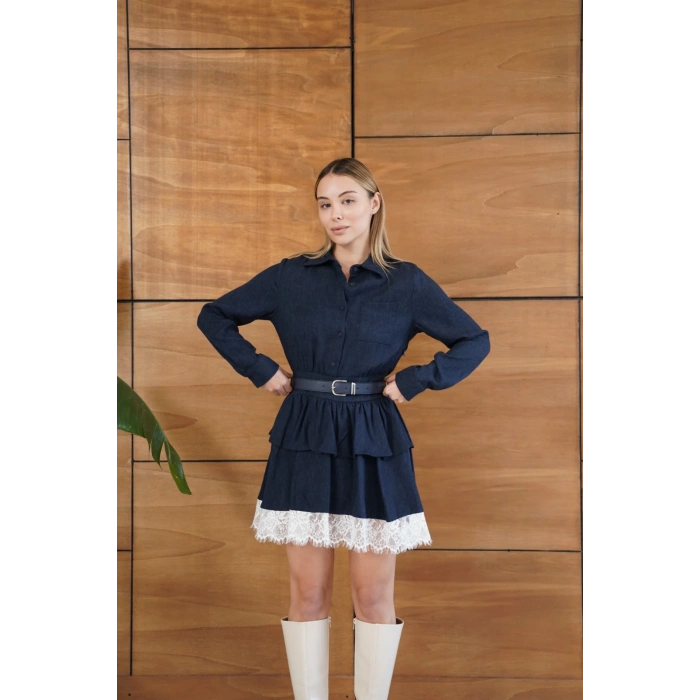 Kemerli Dantel Detay Elbise Lacivert