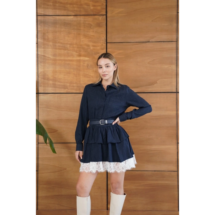 Kemerli Dantel Detay Elbise Lacivert