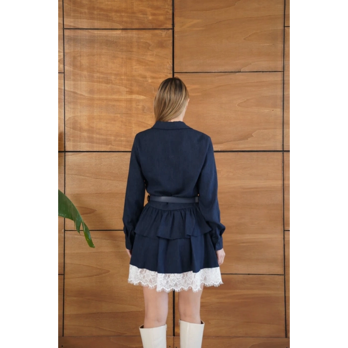 Kemerli Dantel Detay Elbise Lacivert