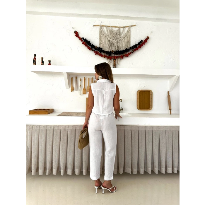 Keten Kumaş Yelek-Pantolon Takım Beyaz