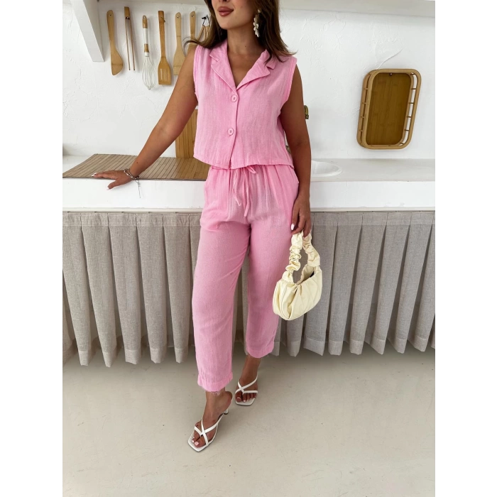 Keten Kumaş Yelek-Pantolon Takım Pembe