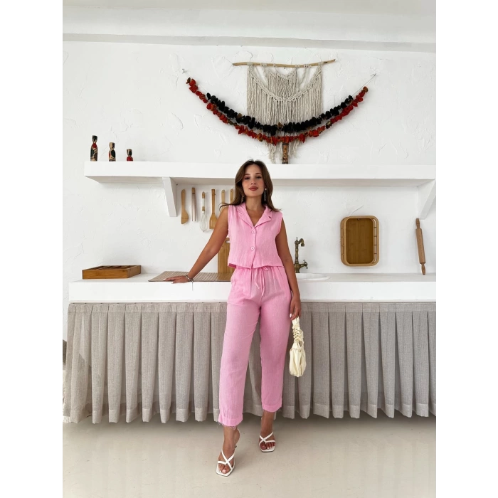 Keten Kumaş Yelek-Pantolon Takım Pembe