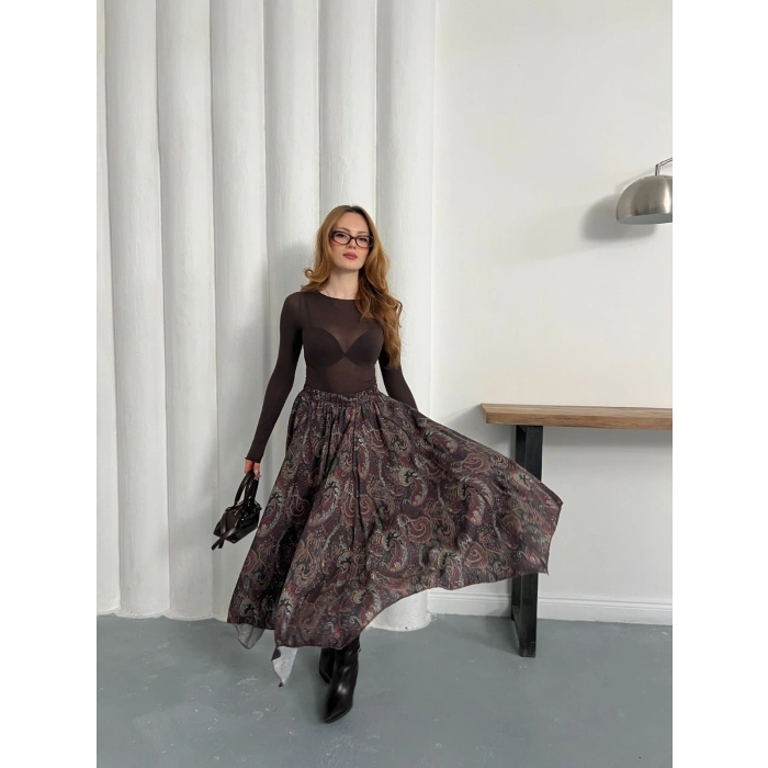 Kilim Desen Bel Lastikli Etek Acı Kahve