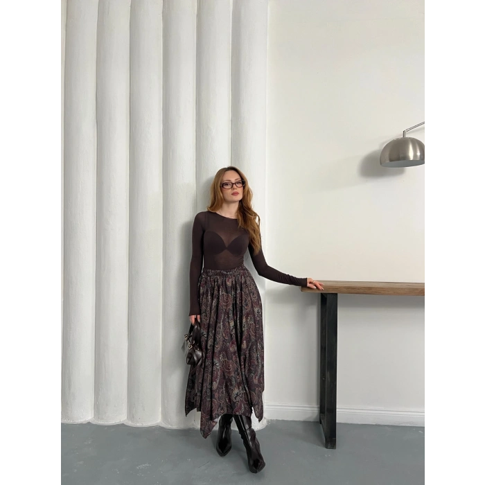 Kilim Desen Bel Lastikli Etek Acı Kahve