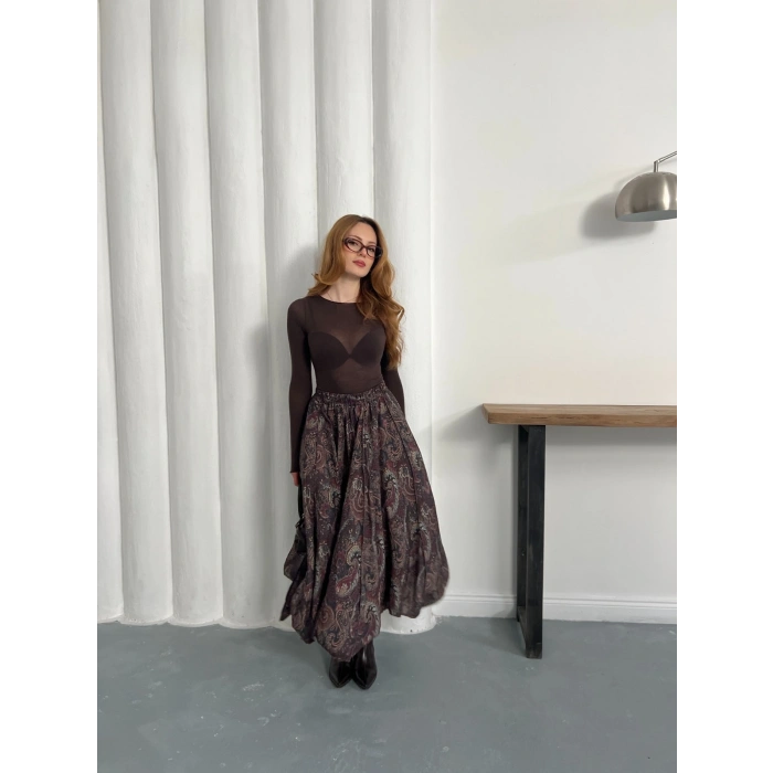 Kilim Desen Bel Lastikli Etek Acı Kahve