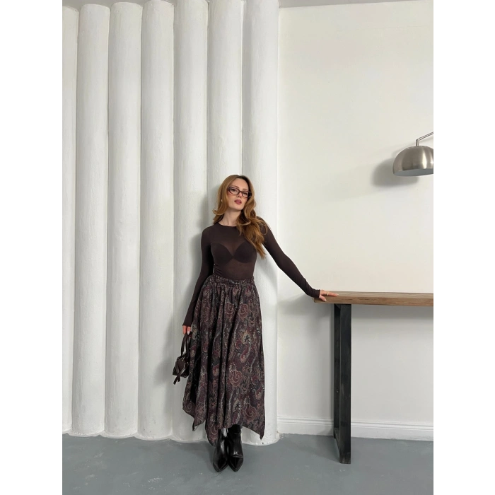 Kilim Desen Bel Lastikli Etek Acı Kahve