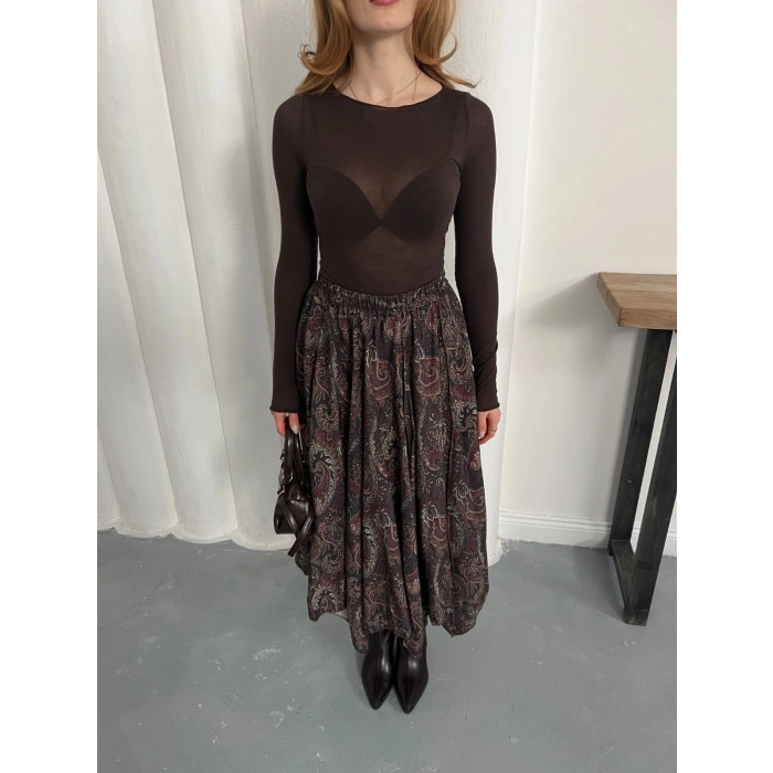 Kilim Desen Bel Lastikli Etek Acı Kahve