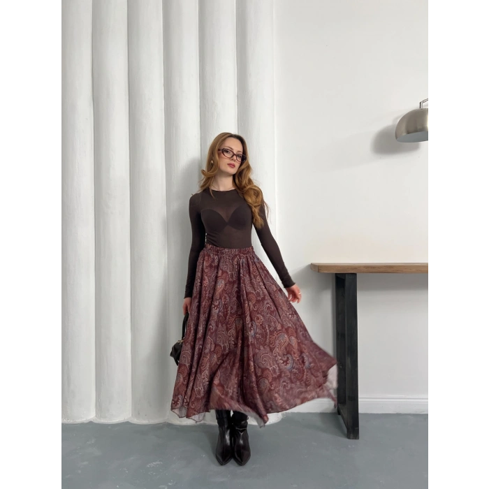 Kilim Desen Bel Lastikli Etek Bordo