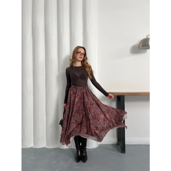 Kilim Desen Bel Lastikli Etek Bordo