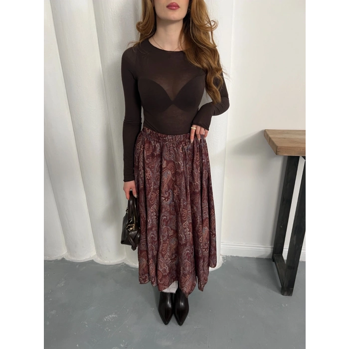 Kilim Desen Bel Lastikli Etek Bordo