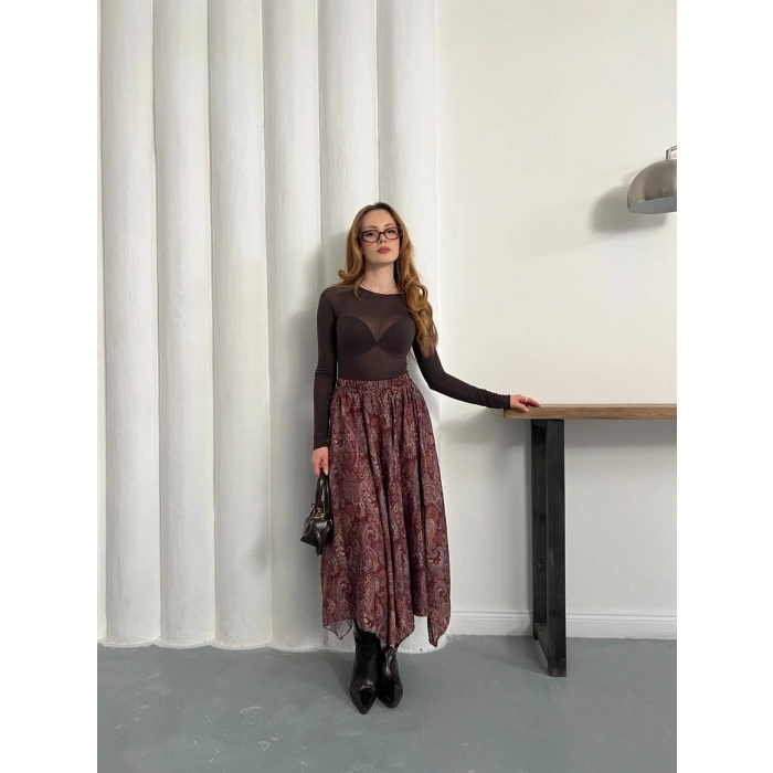 Kilim Desen Bel Lastikli Etek Bordo