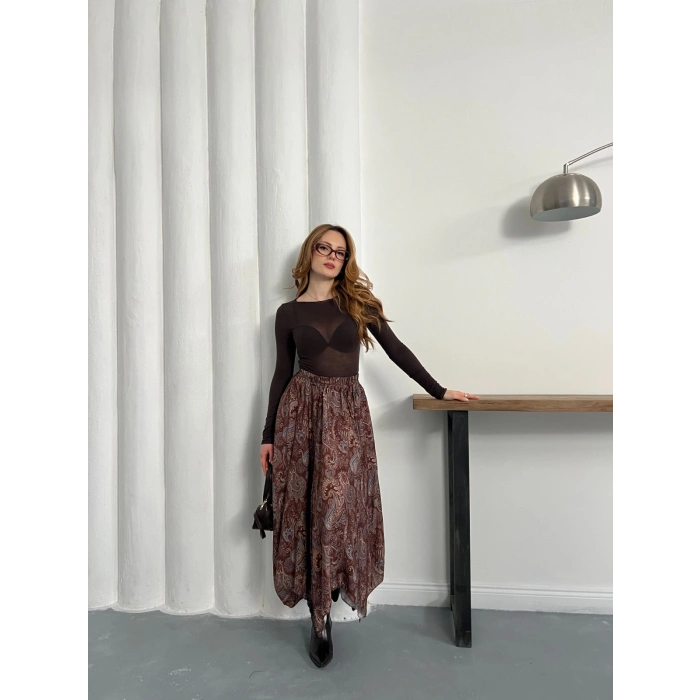 Kilim Desen Bel Lastikli Etek Kahve