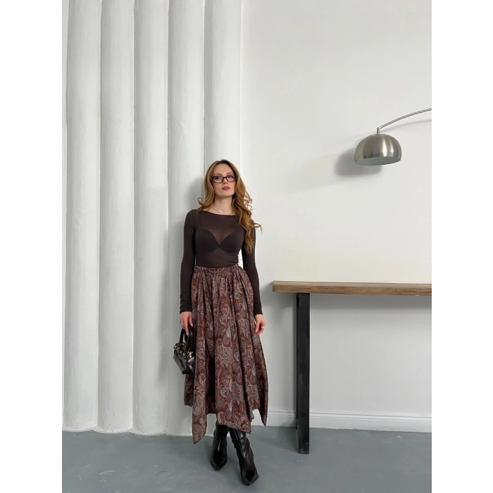 Kilim Desen Bel Lastikli Etek Kahve