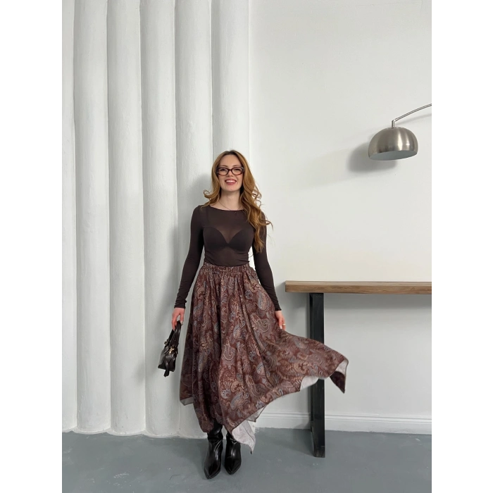 Kilim Desen Bel Lastikli Etek Kahve