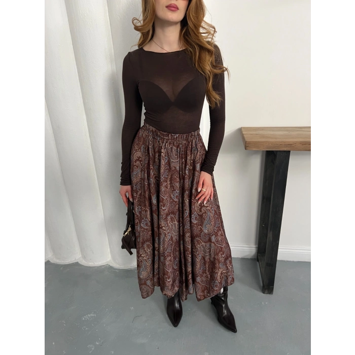 Kilim Desen Bel Lastikli Etek Kahve