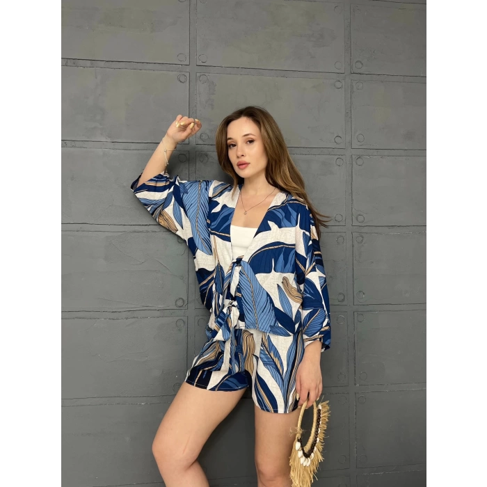 Kilim Desen Şortlu Kimono Takım Beyaz