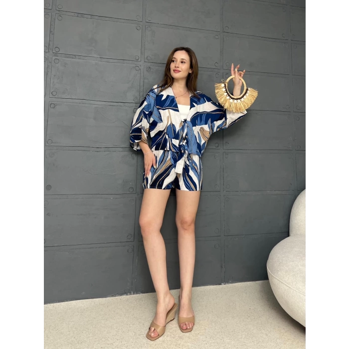 Kilim Desen Şortlu Kimono Takım Beyaz