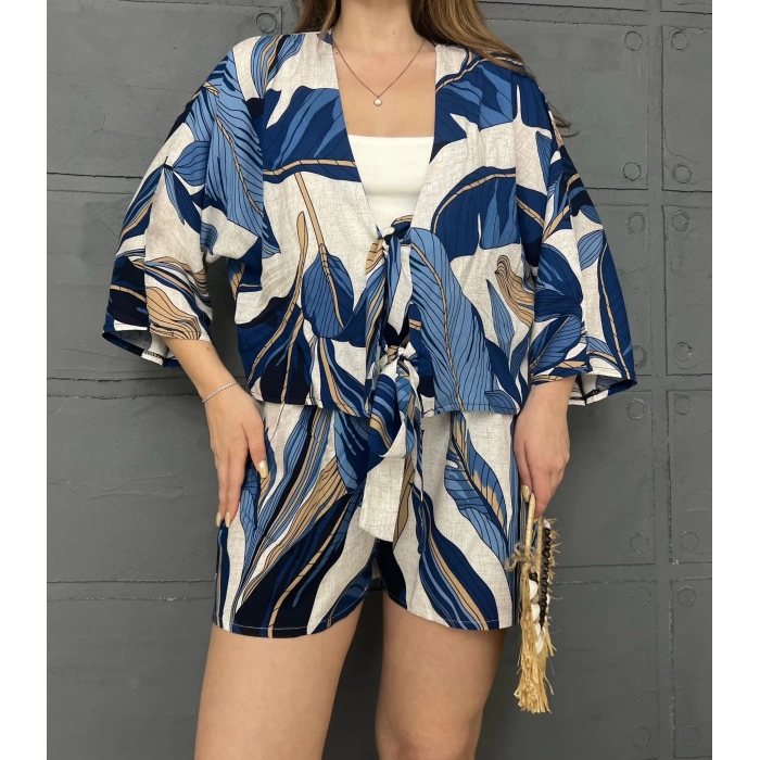 Kilim Desen Şortlu Kimono Takım Beyaz