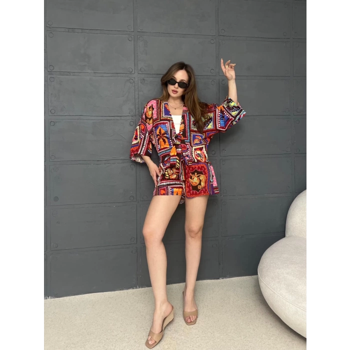 Kilim Desen Şortlu Kimono Takım Kırmızı