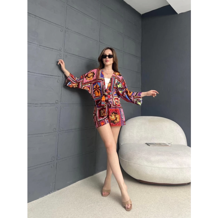 Kilim Desen Şortlu Kimono Takım Kırmızı