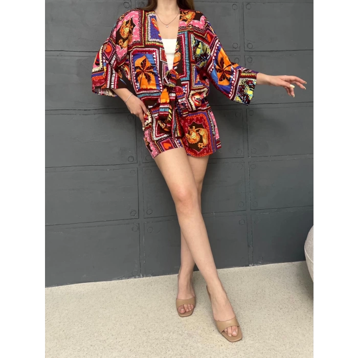 Kilim Desen Şortlu Kimono Takım Kırmızı
