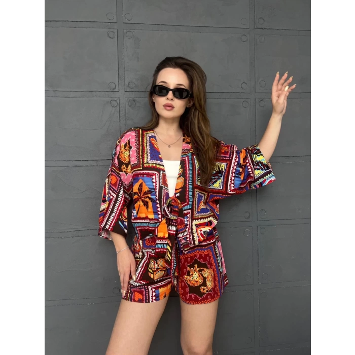 Kilim Desen Şortlu Kimono Takım Kırmızı