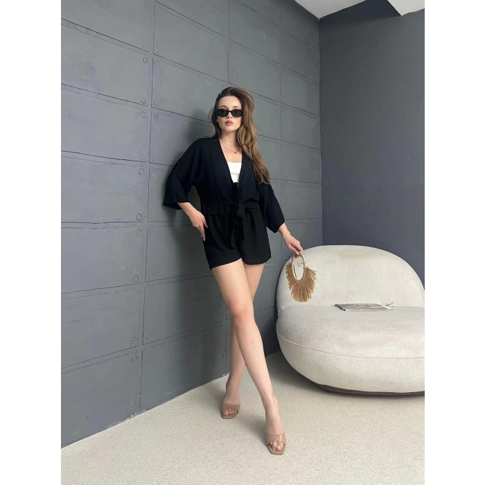 Kilim Desen Şortlu Kimono Takım Siyah