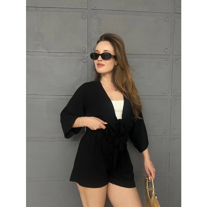 Kilim Desen Şortlu Kimono Takım Siyah