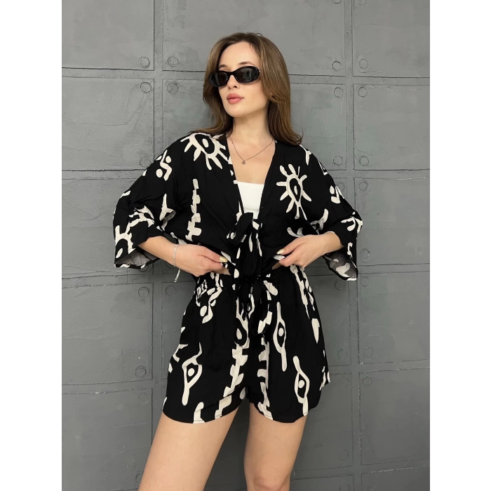 Kilim Desen Şortlu Kimono Takım Siyah krem