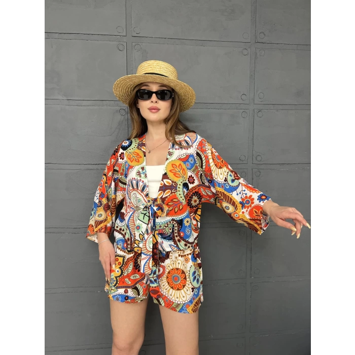 Kilim Desen Şortlu Kimono Takım Turuncu