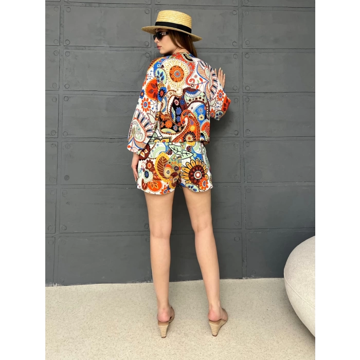 Kilim Desen Şortlu Kimono Takım Turuncu
