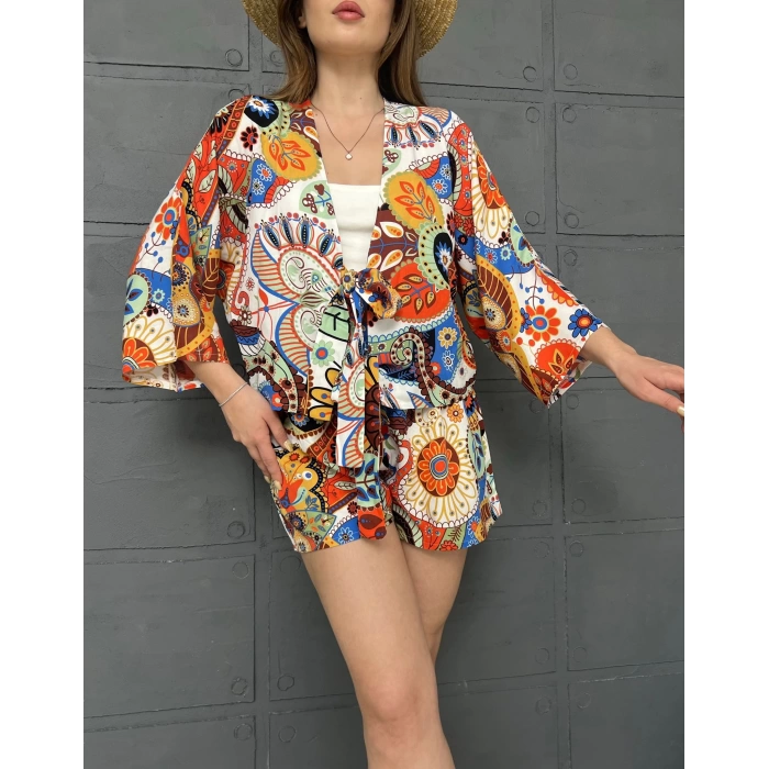 Kilim Desen Şortlu Kimono Takım Turuncu