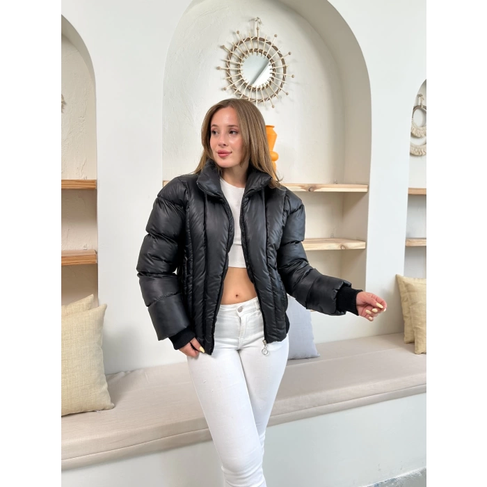 Kısa Şişme Cool Mont Siyah