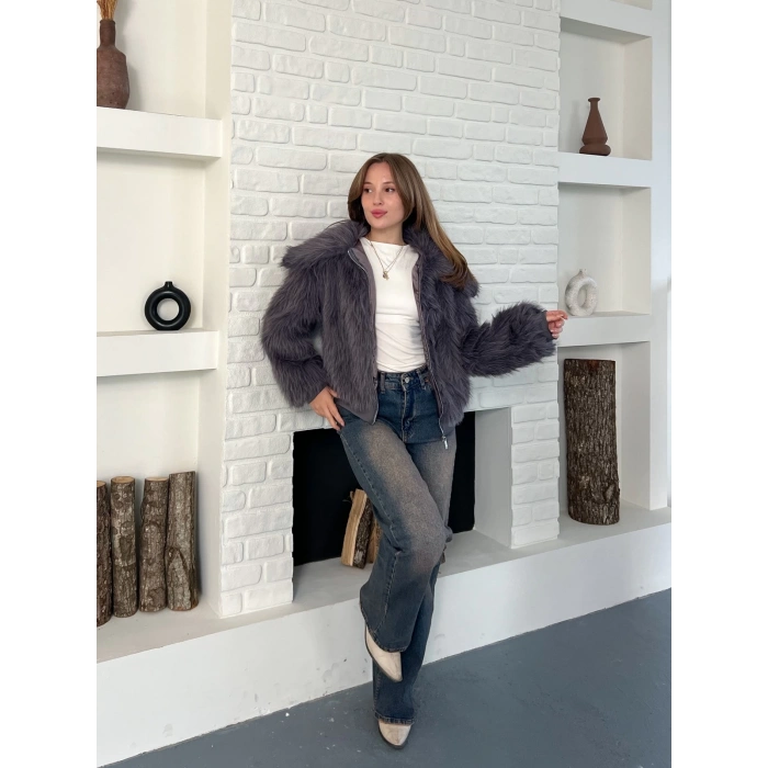 Kol Ribanalı Fermuarlı Kürk Antrasit